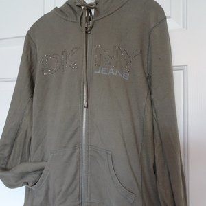 DKNY Army Green Full Zip Women's Size L Hoodie Bling Logo Thermal Panels